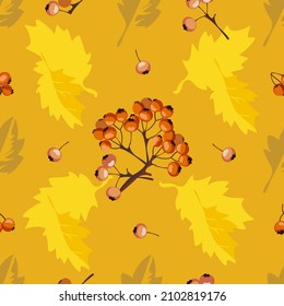 Patrón con bayas de espino dorsal. Fresas de color naranja maduras con hojas amarillas en un fondo naranja. Fondo otoñal para textiles, muebles de casa, pancarta o papel de envoltura.