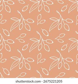 Padrão Hawthorn Berry Branches com redondas pequenas pomóideas . Desenho de mão de rabiscar ilustração. Vetor Definido no plano de fundo bege pastel.