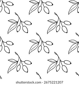 Pattern Hawthorn Berry Branches with Round Small Pome Fruits . Doodle hand draw illustration. Vector Set on white background.