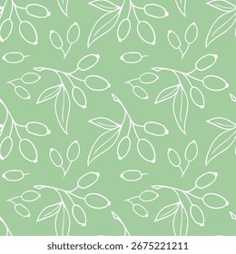 Ramas de bayas de espino con frutas redondas Pequeñas de pomo . Doodle ilustración de dibujo a mano. Vector Set sobre fondo verde pastel.