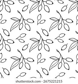 Pattern Hawthorn Berry Branches with Round Small Pome Fruits . Doodle hand draw illustration. Vector Set on white background.