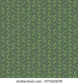 Pattern in hazy shades of green, composed of patches marked with one or two dots. Textile design.