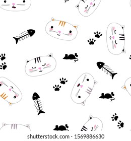 Pattern of head funny cat in different emotions, clockwork mouse, footprints, fish skeleton in cartoon style. Simple seamless kids pattern for background, wrapping paper, fabric surface design