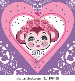 Pattern head monkey, frame shabby chic heart. Chinese zodiac: 2016 year monkey. Winter Christmas design. Can be used for postcards, books, wallpaper, gift, t-shirt, poster, scrapbook .