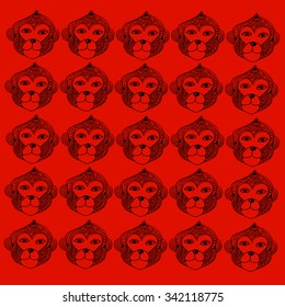 Pattern with head monkey. Hand drawn doodle monkey with ornament