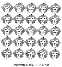 Pattern with head monkey. Hand drawn doodle monkey with ornament