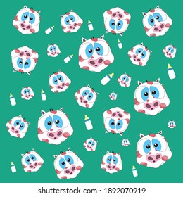 Pattern, the head of a plump white lady with brown spots and big eyes and baby bottles with milk with a pacifier.