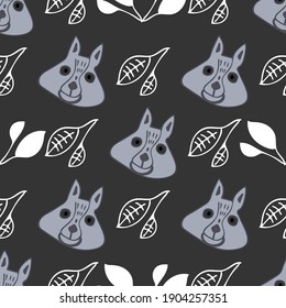 The pattern of the head of a raccoon and twigs on a black background