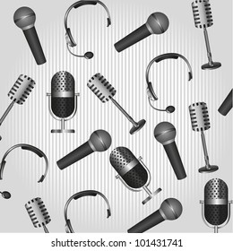 pattern of headphones and microphones, on background lines