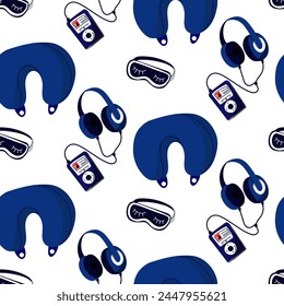 Pattern of headphones on a wire with a music player, a girlfriend and a headband for sleeping. Relaxation on the way, rest on the road vector illustration in a flat style, repeated on a white. Blue