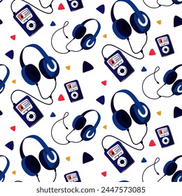 Pattern of headphones on a wire the size of a music player. Wired headphones, headphones with a cord connected to the player, vector illustration in a flat style, repeating on a white. Blue Wired