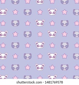pattern of heads raccoon with panda bears and stars kawaii style