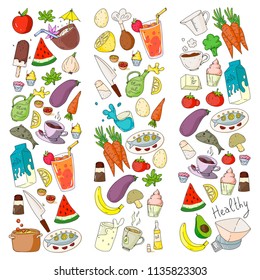 Pattern with healthy food. Cooking class, menu elements for restaurant, cafe. Milk, ice cream, fish, juice, avocado, turkey, carrot, garlic, coffee, tea.