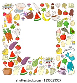 Pattern with healthy food. Cooking class, menu elements for restaurant, cafe. Milk, ice cream, fish, juice, avocado, turkey, carrot, garlic, coffee, tea.