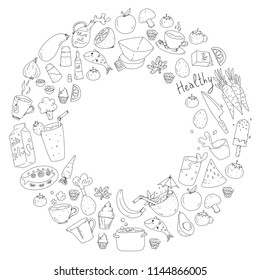 Pattern with healthy food. Cooking class, menu elements for restaurant, cafe. Milk, ice cream, fish, juice, avocado, turkey, carrot, garlic, coffee, tea
