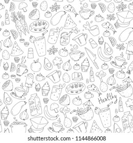 Pattern with healthy food. Cooking class, menu elements for restaurant, cafe. Milk, ice cream, fish, juice, avocado, turkey, carrot, garlic, coffee, tea