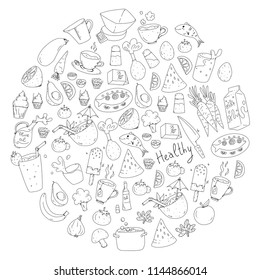 Pattern with healthy food. Cooking class, menu elements for restaurant, cafe. Milk, ice cream, fish, juice, avocado, turkey, carrot, garlic, coffee, tea