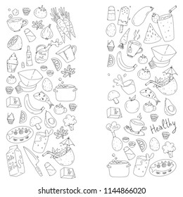 Pattern with healthy food. Cooking class, menu elements for restaurant, cafe. Milk, ice cream, fish, juice, avocado, turkey, carrot, garlic, coffee, tea