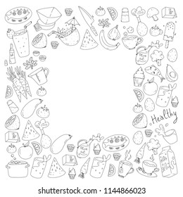 Pattern with healthy food. Cooking class, menu elements for restaurant, cafe. Milk, ice cream, fish, juice, avocado, turkey, carrot, garlic, coffee, tea