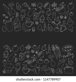 Pattern with healthy food. Cooking class, menu elements for restaurant, cafe. Milk, ice cream, fish, juice, avocado, turkey, carrot, garlic, coffee, tea.