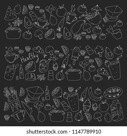 Pattern with healthy food. Cooking class, menu elements for restaurant, cafe. Milk, ice cream, fish, juice, avocado, turkey, carrot, garlic, coffee, tea.
