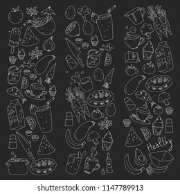 Pattern with healthy food. Cooking class, menu elements for restaurant, cafe. Milk, ice cream, fish, juice, avocado, turkey, carrot, garlic, coffee, tea.