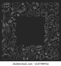 Pattern with healthy food. Cooking class, menu elements for restaurant, cafe. Milk, ice cream, fish, juice, avocado, turkey, carrot, garlic, coffee, tea.