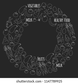 Pattern with healthy food. Cooking class, menu elements for restaurant, cafe. Milk, ice cream, fish, juice, avocado, turkey, carrot, garlic, coffee, tea.