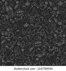 Pattern with healthy food. Cooking class, menu elements for restaurant, cafe. Milk, ice cream, fish, juice, avocado, turkey, carrot, garlic, coffee, tea.