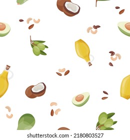 Pattern of healthy food macronutrients. Fats presented by food products. Olive oils, nuts, coconut, olives. Vector illustration. Balanced nutrition.