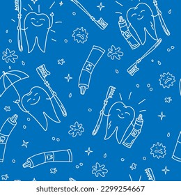 Patrón Saludable, Dientes Felices. Esquema del plano.  Cepillo de dientes y pasta dental. Diente con una sonrisa. Odontología. Un diente blanco brillante sosteniendo un paraguas, un patrón sin fisuras, estilo Doodle. 