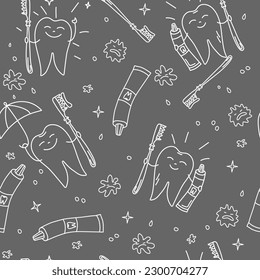 Patrón Saludable, Dientes Felices. Esquema del plano.  Cepillo de dientes y pasta dental. Diente con una sonrisa. Odontología. Un diente blanco brillante sosteniendo un paraguas. Protección contra gérmenes y cavidades. Estilo Doodle.