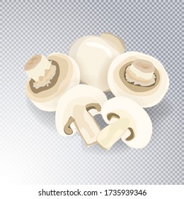 Pattern heap of fresh appetizing champignon mushrooms isolated on transparent background. Cartoon organic fungus whole and cut into slices. Template for packaging materials, wrapper. Vector