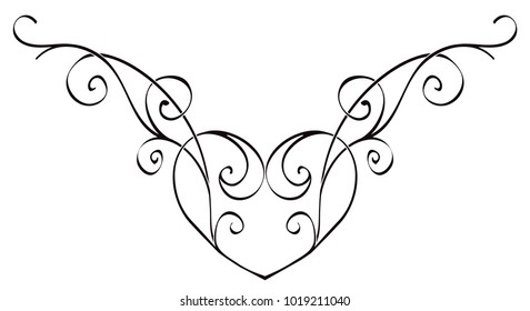 Pattern with a heart and black vintage curls. Isolated vector image on white background.