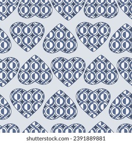 Pattern with a heart decorated with abstract geometric shapes. BLUE NOVA colour. Abstraction. Blue, gray, white. for the design of postcards, magazines