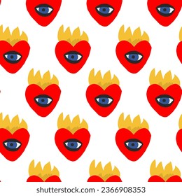 Pattern with a heart in flame. Romance, passion and love on fire concept. Hand drawn vector pattern in nice colors. For social media, web and typographic design. Saint Valentine's Day.