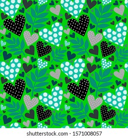 Pattern heart and flowers. 
Green background. Vector hearts.