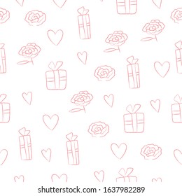 Pattern with heart, gift and rose. Pink color. Imitation pencil. Seamless. Suitable for weddings, lovers, for Valentine's Day and for any occasion.