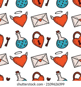 Сolorful pattern with heart, lock, letter and love potion for valentine's day