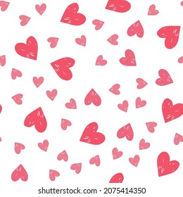 Pattern with heart. Seamless red, rose childish drawing from hearts for kids prints, textiles, bed linen. Modern, trendy Valentine's Day pattern. Romantic for the holiday, clothes.Vector illustration