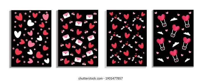 
pattern with a heart shape and with other ornaments such as birds, letters, clouds and gifts as a complement. The background is black. for Valentine's Day, Mother's Day, and for others. unique and cu