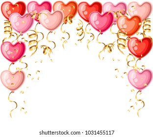 Pattern of heart shaped balloons with golden ribbons different colors balloon vector illustration isolated on white background web site page and mobile app design.