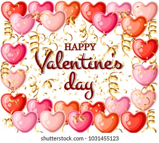 Pattern of heart shaped balloons with golden ribbons different colors balloon vector illustration with place for your text isolated on white background web site page and mobile app design.