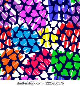 Pattern with heart shaped hole on brush strokes background. Pattern with multicolored hearts on a blue background. Hearts pattern with brush strokes.