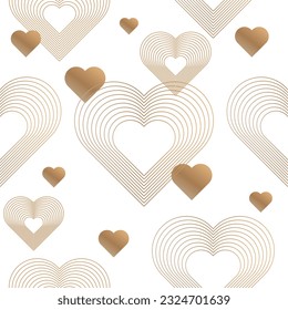 Pattern with heart shaped shiny gold lines for seamless white background