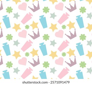 Pattern of heart, stars and perfume bottle on isolated background