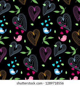 pattern hearts and birds on a black background