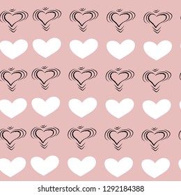 pattern with hearts black and white on a pink background hand-drawn in a checkered stripe