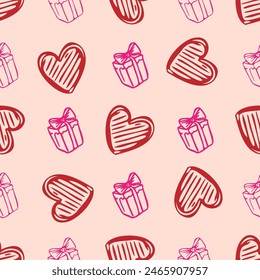 A pattern of hearts and boxes with a pink background. The hearts are drawn in red and pink, and the boxes are drawn in black. Scene is playful and festive