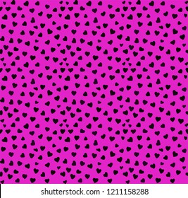 A pattern of hearts. Bright pink background, black little hearts. Good for banner, packaging. Simple seamless pattern.